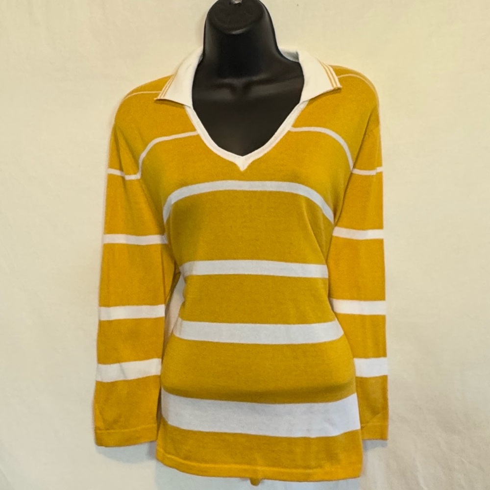 D-99 Anne Klein Yellow‎ & White Stripe V-Neck Pullover Sweater Size L
